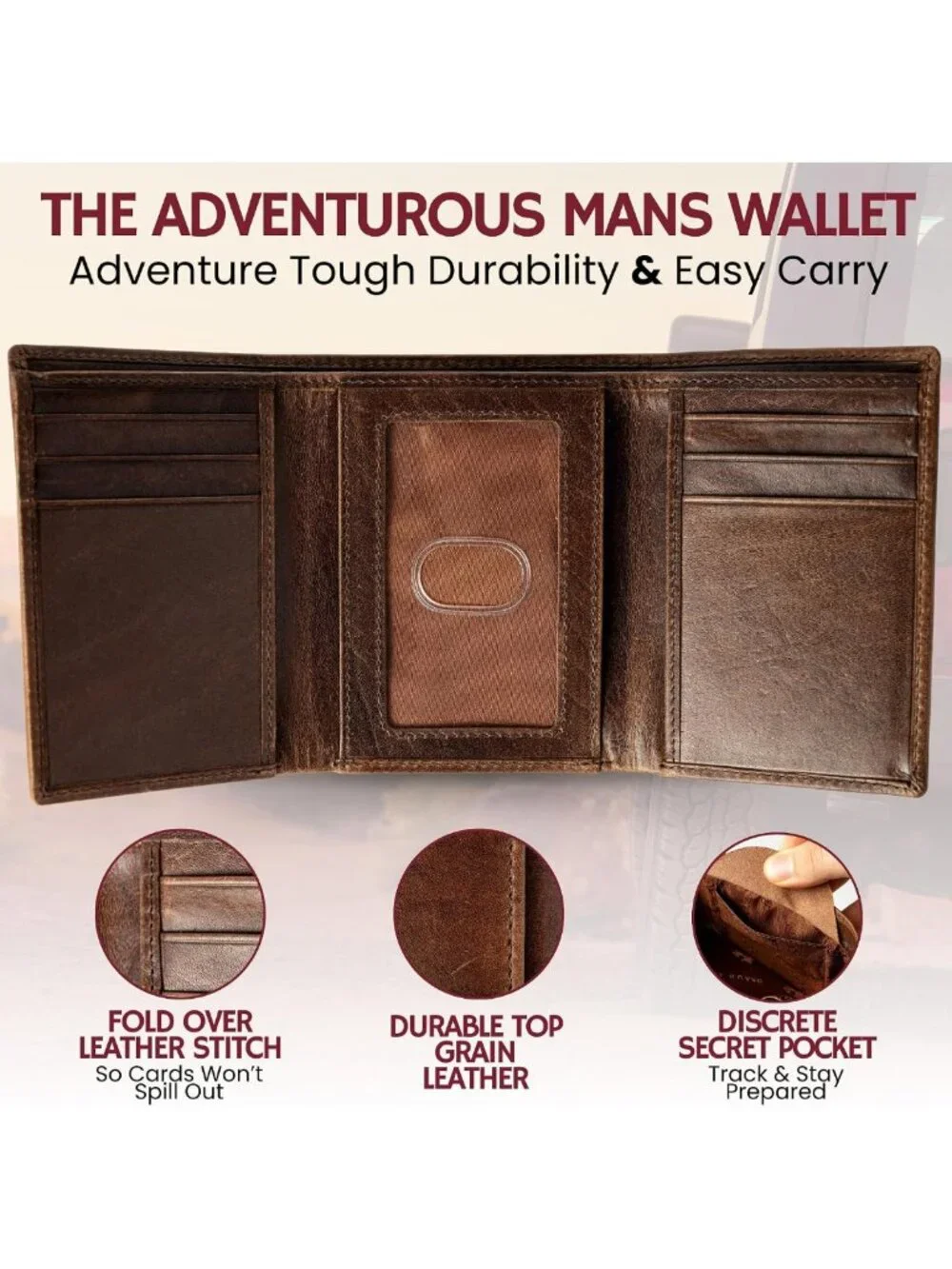 Leather Trifold Wallet for Men - Grizzly Brown, RFID Blocking, ID Holder, Great